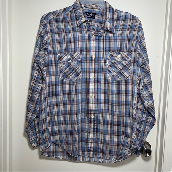 Levi’s Men’s Vintage Button Up Blue White Red Long Sleeves Plaid Lightweight - Picture 1 of 10